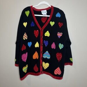 quacker factory sweater Cardigan 1X Hearts Valentines Teacher Bright Vtg Novelty